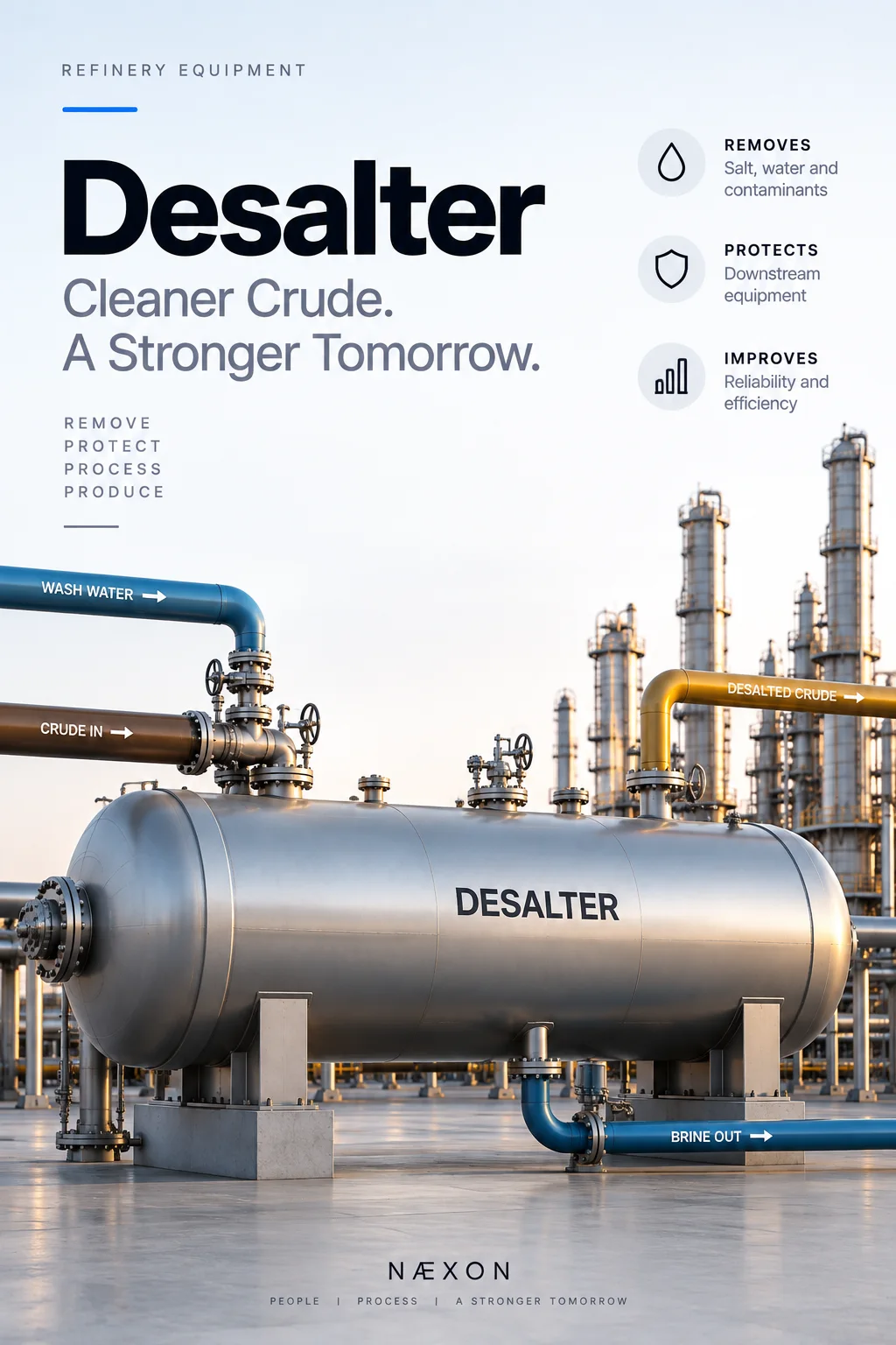 Illustrated horizontal desalter vessel with crude, wash water, desalted crude, and brine pipes
