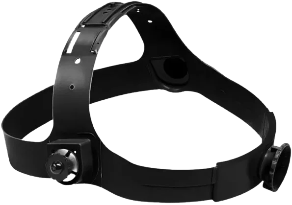 Black adjustable welding helmet headgear with padded forehead band, overhead strap and side adjustment knobs.
