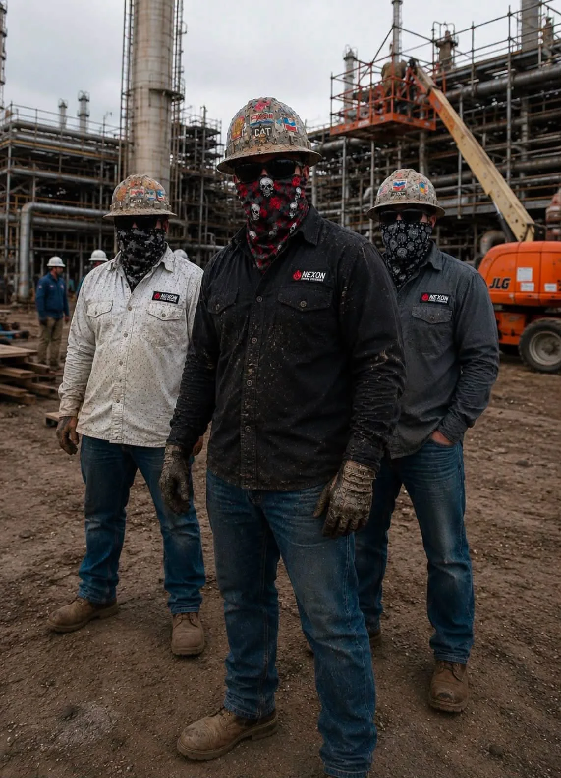 Three industrial tradesmen wearing Næxon work shirts, hard hats, safety glasses, gloves, and bandanas at an oil refinery