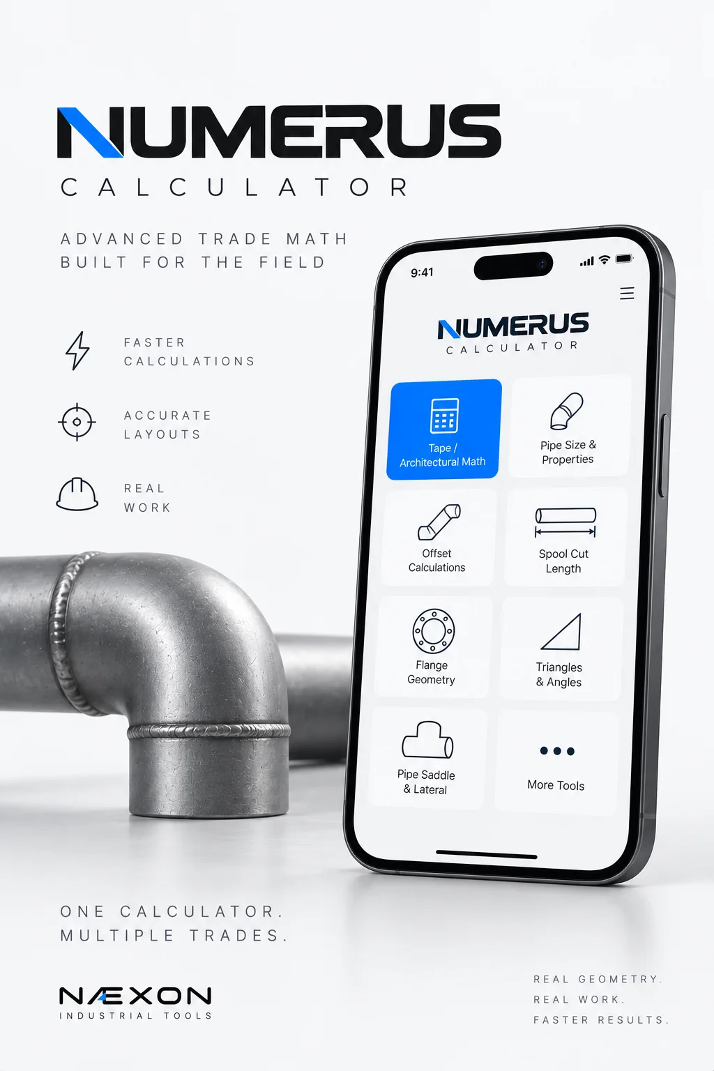 Phone displaying Numerus calculator tool categories beside a metal pipe elbow on a white background.