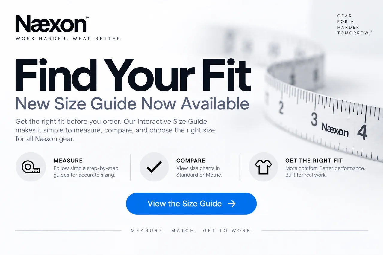 Næxon Find Your Fit banner announcing an interactive clothing and gear size guide