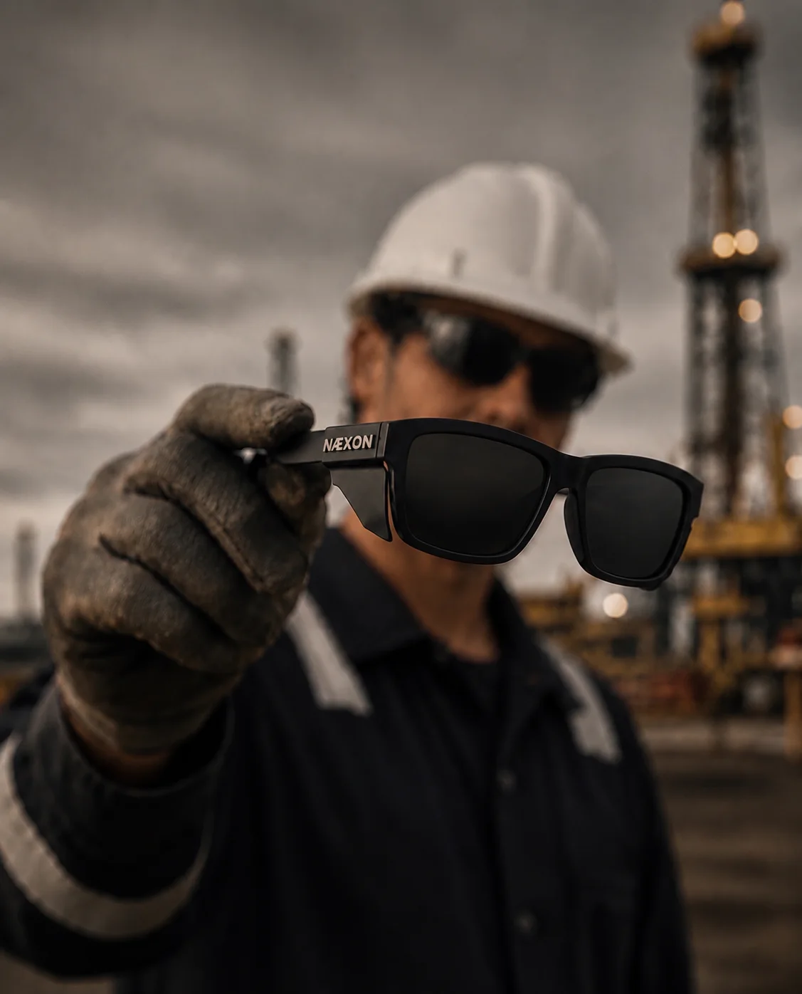 Næxon Badger black safety sunglasses held by an industrial worker at an oil refinery