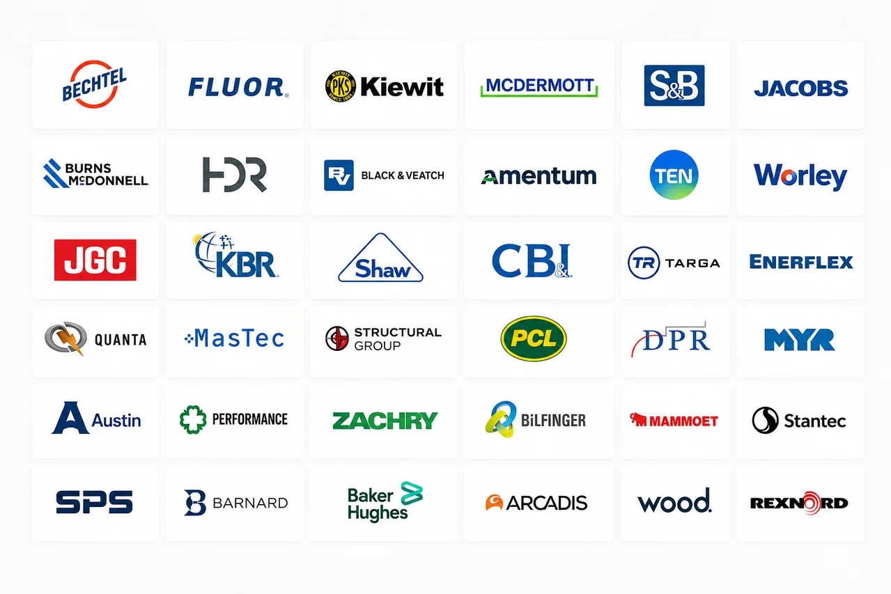 Grid of industrial contractor and engineering company logos on a white background.