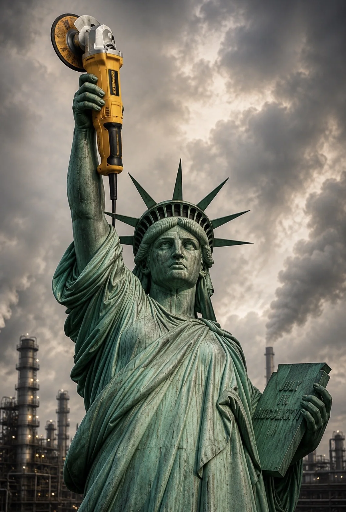 Statue of Liberty holding an angle grinder above an American refinery and industrial plant
