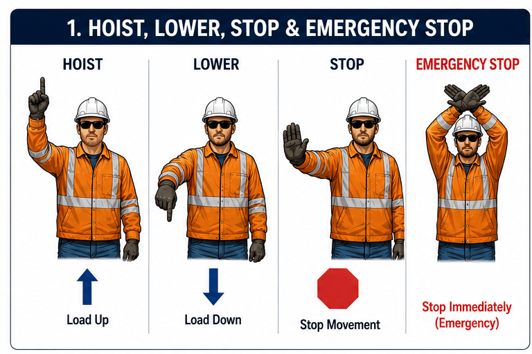 Four illustrated crane hand signals for hoist, lower, stop, and emergency stop.