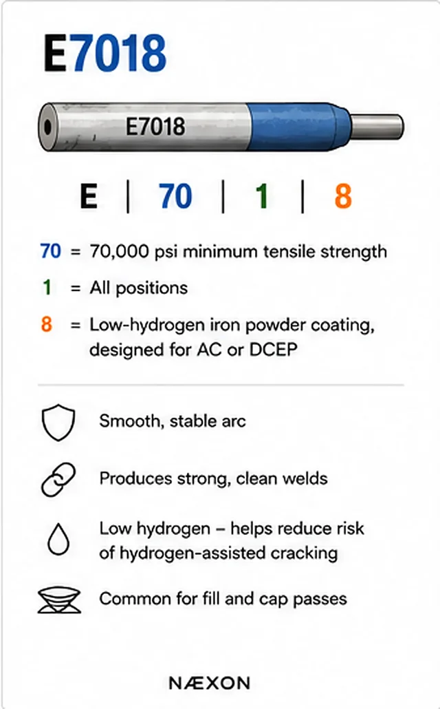 E7018 welding-electrode diagram explaining the 70, 1, and 8 classification digits plus arc, weld, and low-hydrogen characteristics.