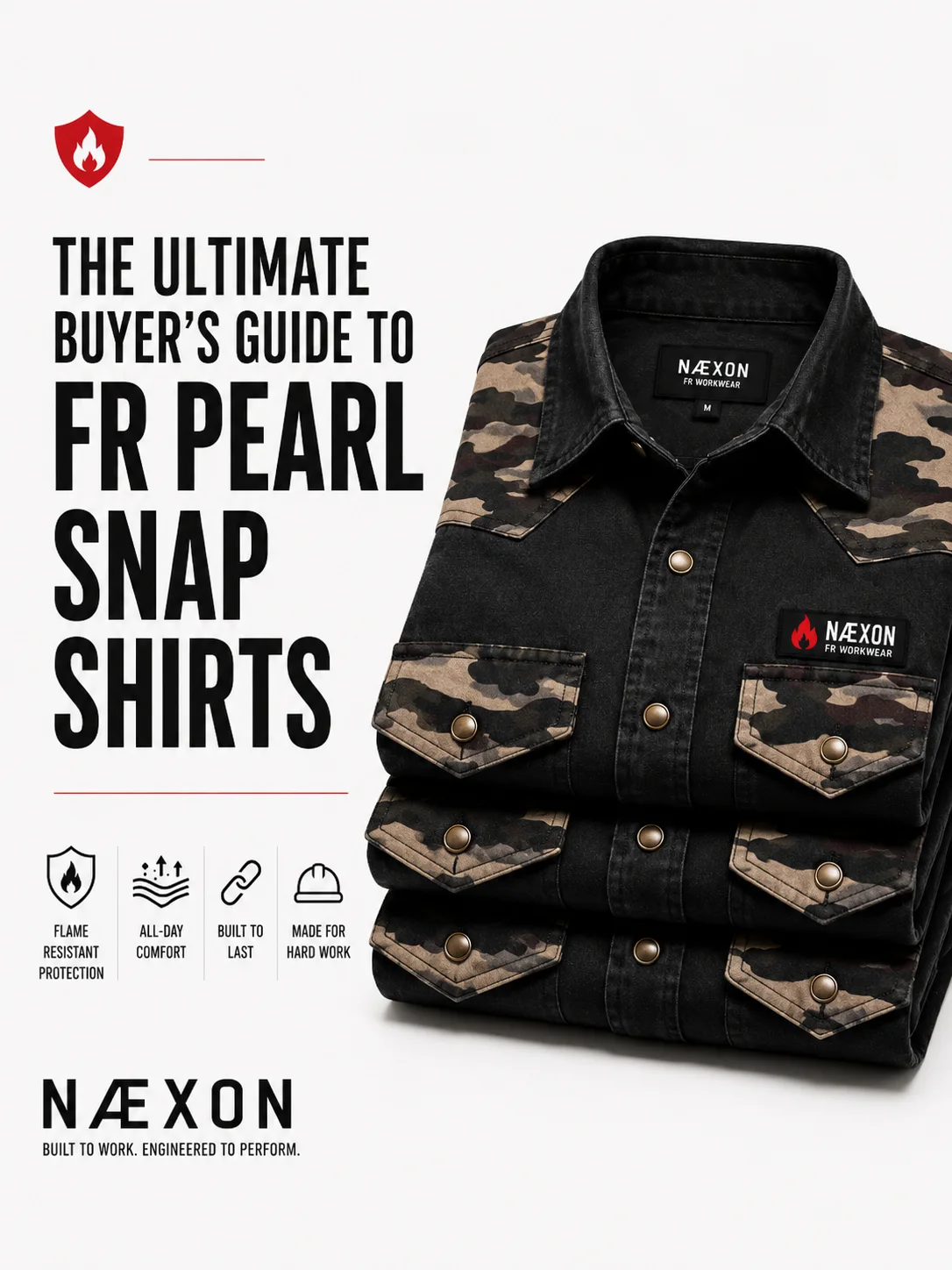 Næxon black and camo FR pearl snap shirts for men with flame-resistant protection