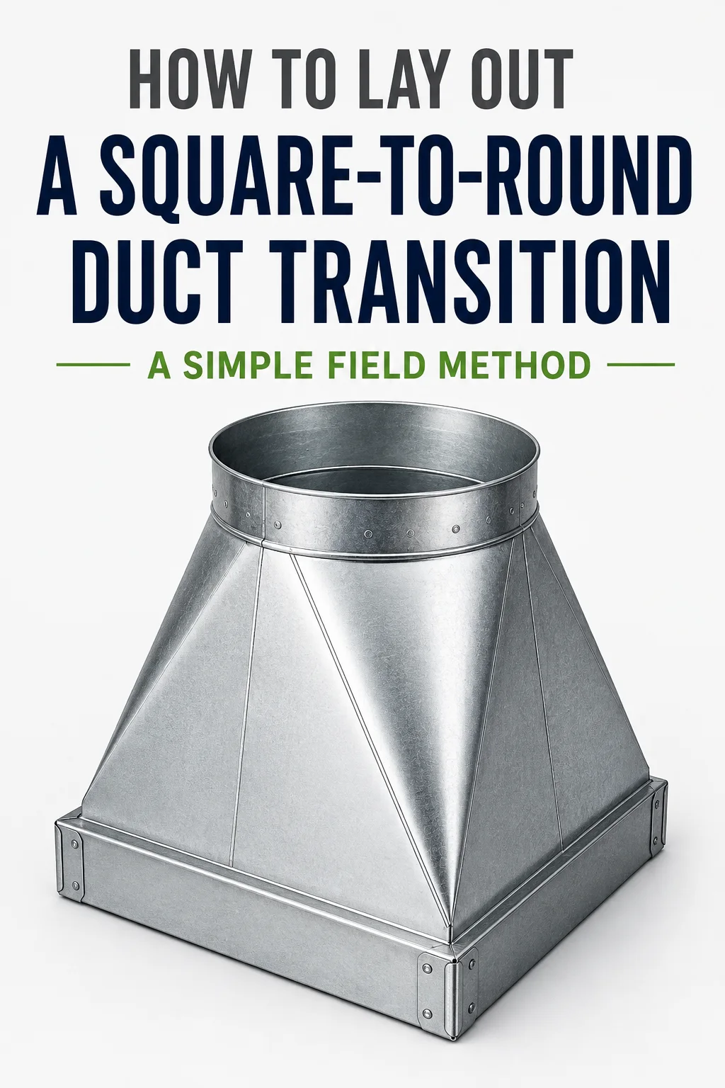 Sheet-metal duct transition with a square base and round opening below a layout-guide headline.
