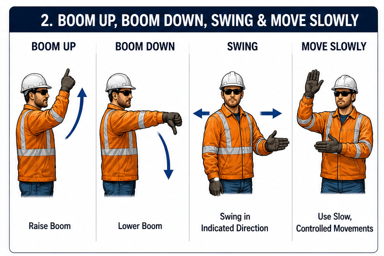 Four illustrated crane hand signals for boom up, boom down, swing, and move slowly.