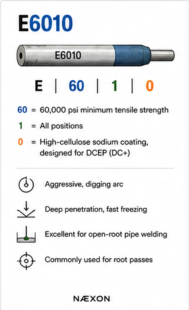E6010 welding-electrode diagram explaining the 60, 1, and 0 classification digits plus arc, penetration, and root-pass characteristics.