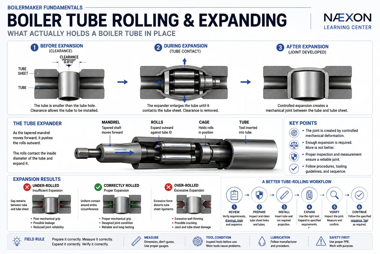 Diagram explaining boiler tube insertion, mechanical expansion with a tube expander, and the finished rolled tube joint.