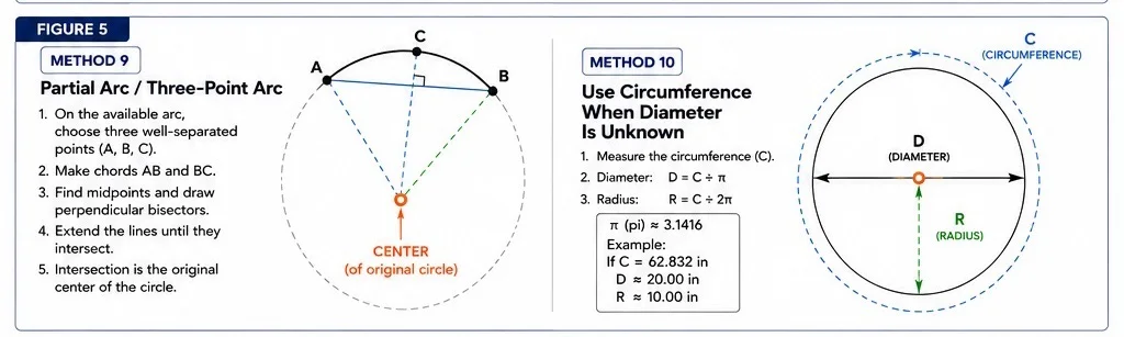 Circle-layout diagram showing the partial-arc three-point method and the circumference method when diameter is unknown.