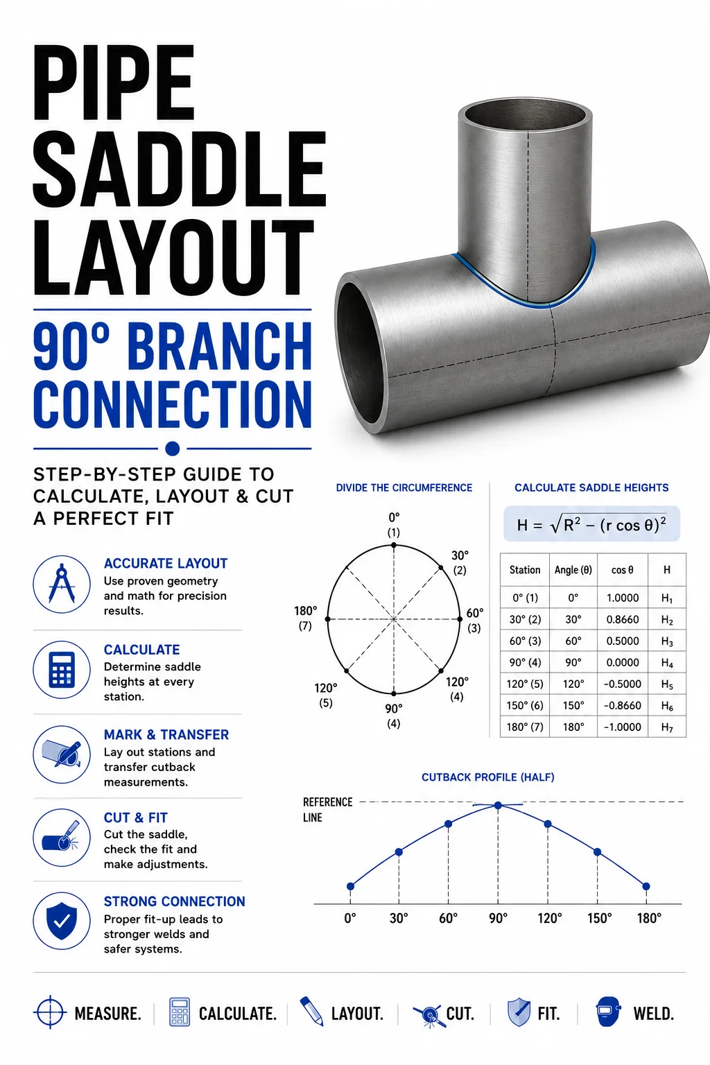 NEXON pipe saddle infographic showing a vertical branch on a horizontal header, circumference stations, a saddle-height table, and a cutback profile.