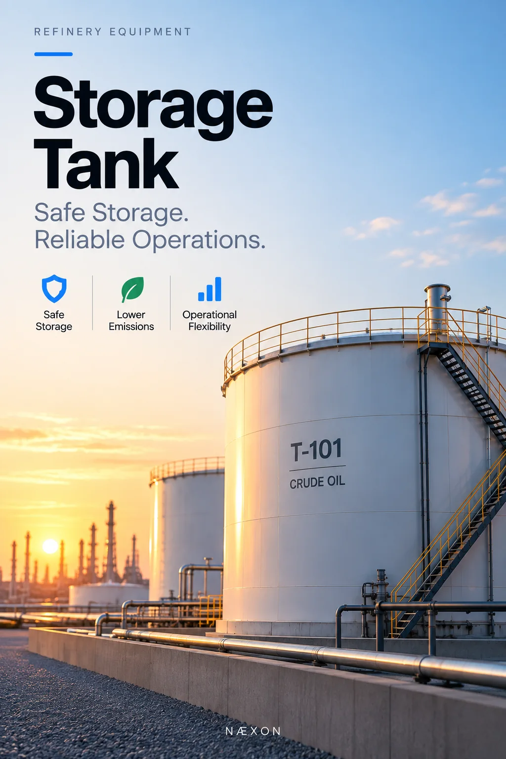 Storage tank cover showing a large crude oil tank, stairs, piping, and refinery towers at sunset