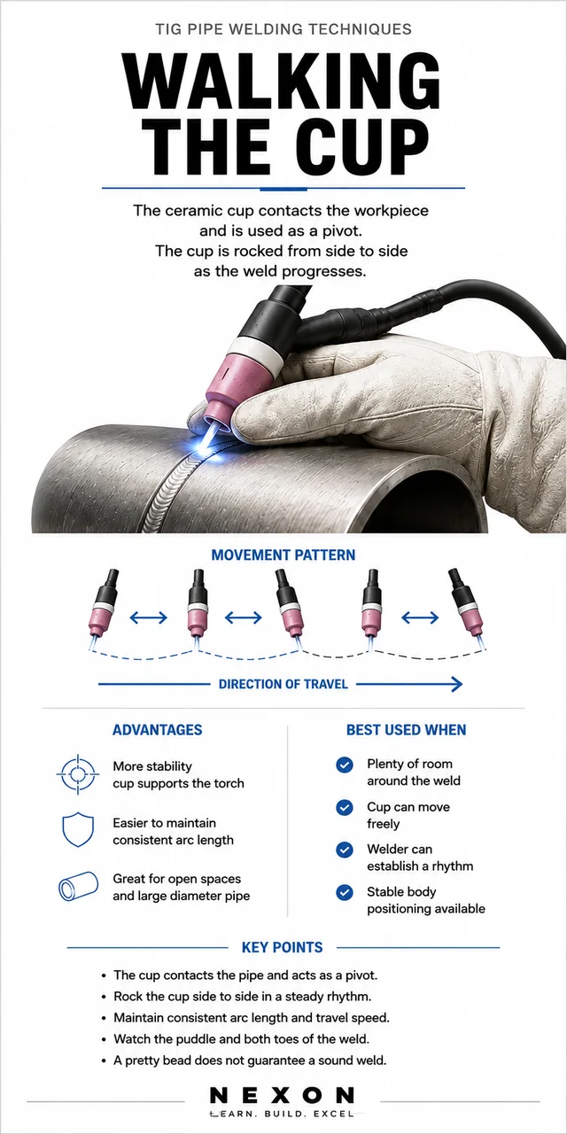 TIG welding chart showing cup movement patterns, wrist action, torch control, advantages, disadvantages, and practical tips for walking the cup.