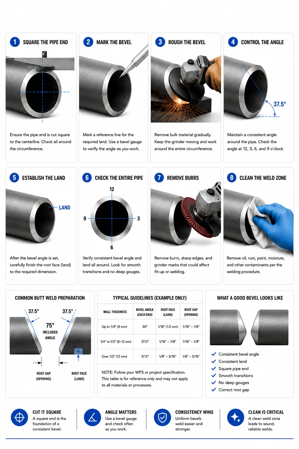 Step-by-step pipe-beveling chart showing cleaning, measuring, grinding, angle checking, deburring, fit-up, bevel geometry, and weld-preparation checks.