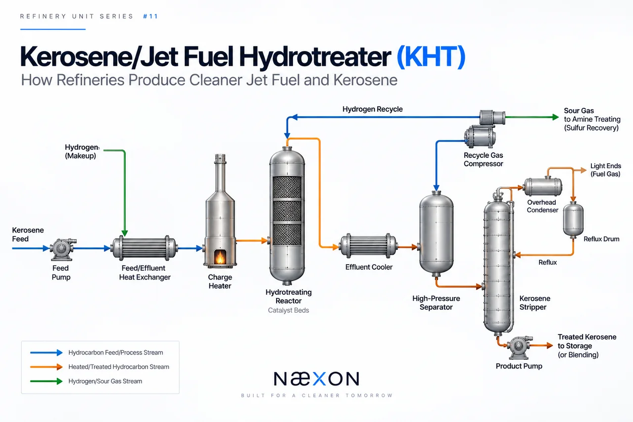 Kerosene hydrotreater process diagram showing feed pumping, heat exchange, heating, catalytic reaction, separation, stripping and hydrogen recycle
