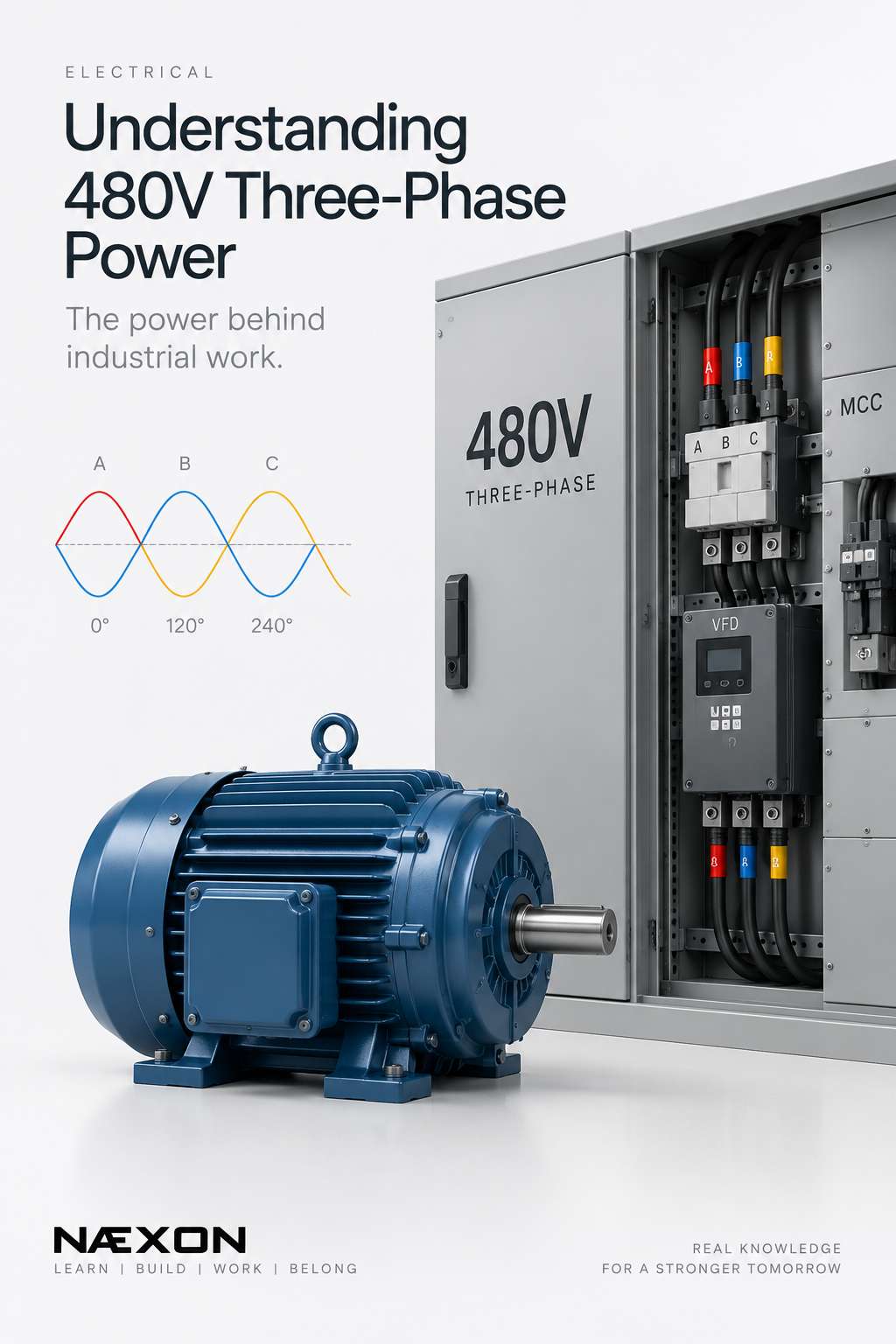 Industrial 480V three-phase illustration showing an electric motor, motor control center, three-phase conductors, and offset sine waves.