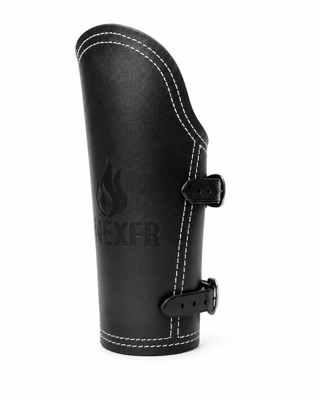 Næxon black leather welding arm pad with adjustable buckle straps and reinforced white stitching for welders