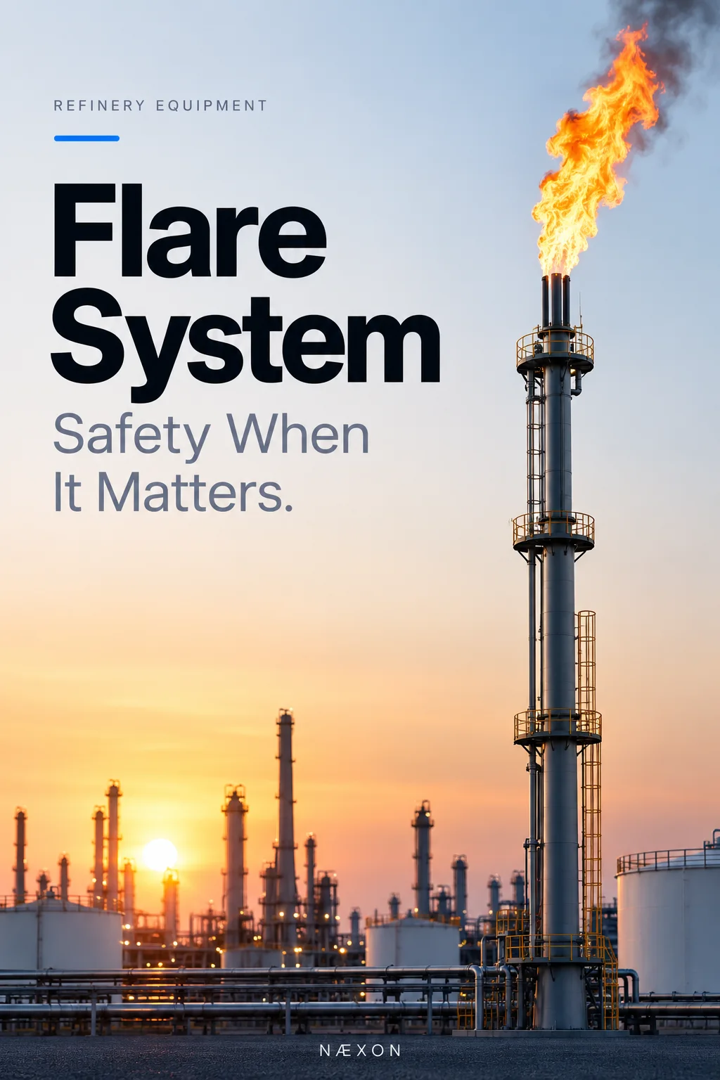 Refinery flare system cover showing a burning flare stack above tanks and refinery equipment at sunset