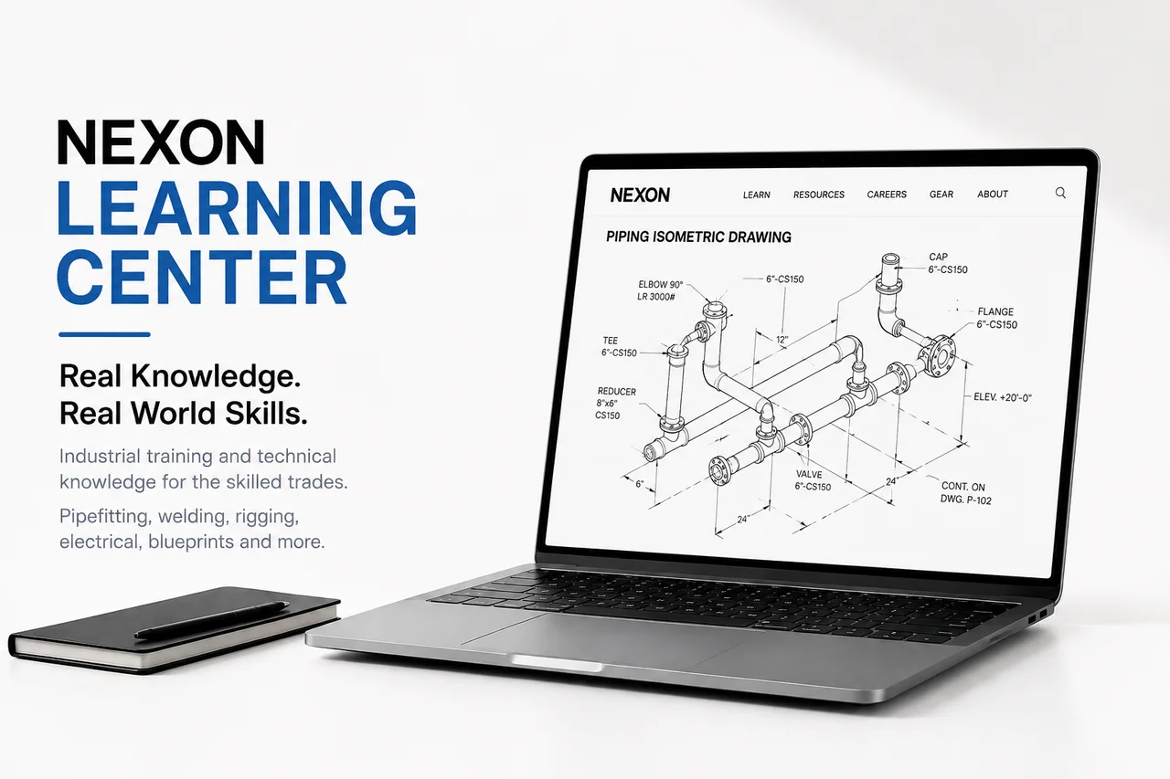 NEXON Learning Center graphic with a laptop displaying a piping isometric drawing and a phone on a white surface.