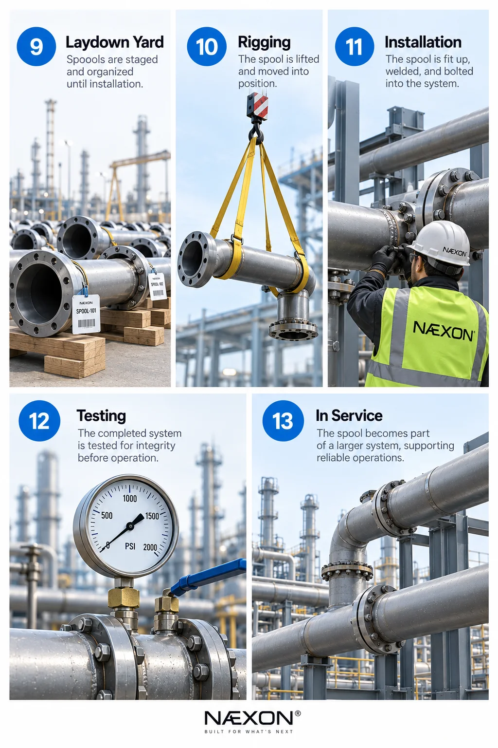 Pipe spool lifecycle steps for laydown yard, rigging, installation, testing and placing the system in service