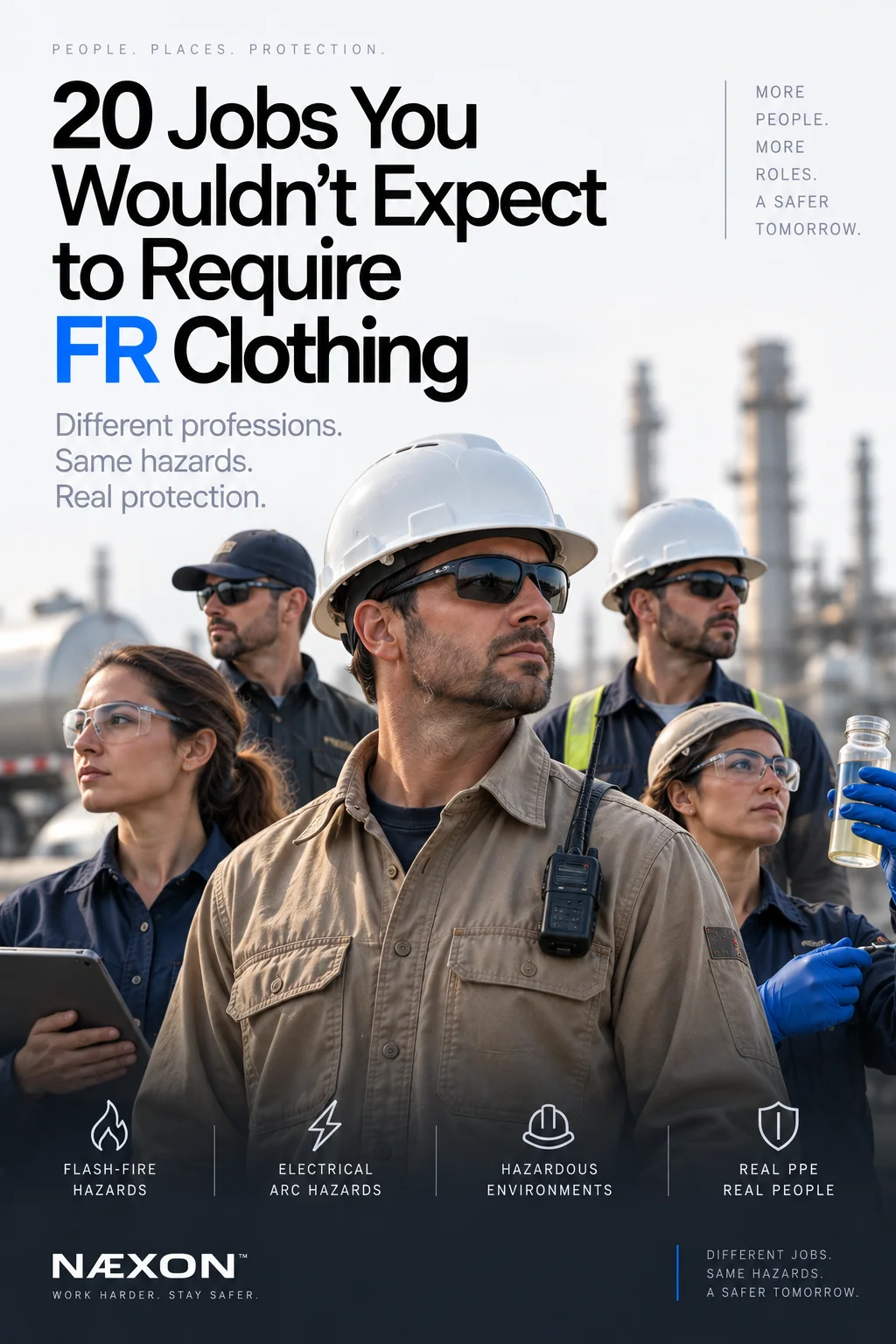 Group of five industrial workers in workwear, some wearing hard hats and safety glasses, in front of refinery equipment.