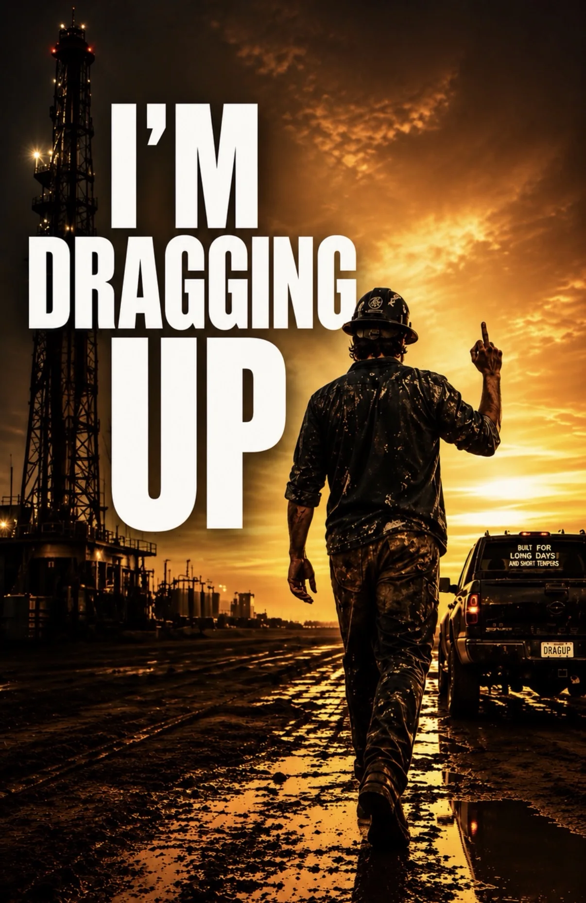 Industrial worker dragging up and leaving a refinery jobsite at sunset