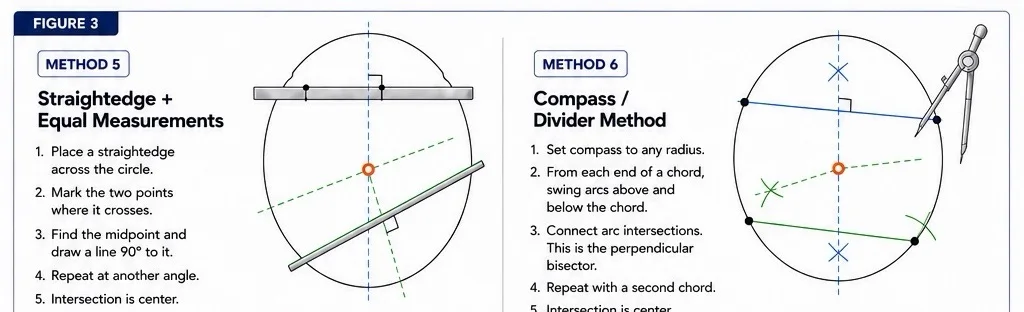 Circle-layout diagram showing the straightedge equal-measurement method and the compass divider method.