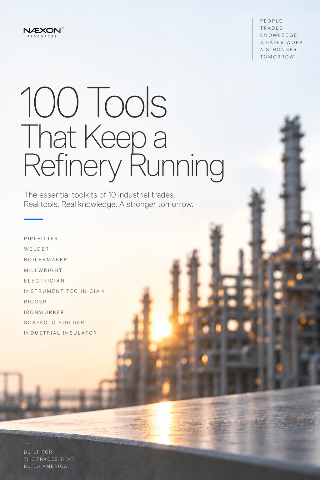 Refinery process towers at sunset beneath the headline 100 Tools That Keep a Refinery Running and a list of ten industrial trades.
