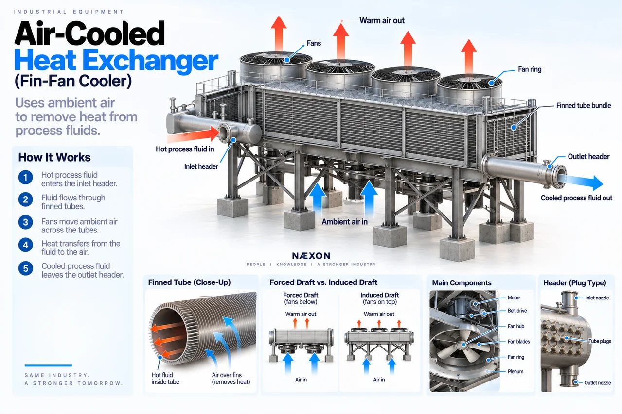 Air-cooled heat exchanger diagram labeling fans, fan rings, finned tube bundle, inlet and outlet headers, process-fluid flow, ambient-air flow, and major components.