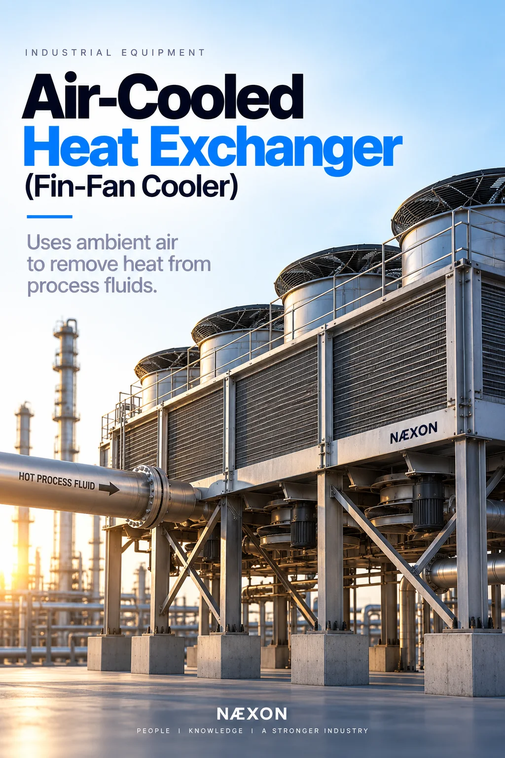 Air-cooled heat exchanger cover showing a long elevated finned-tube bundle with fans above and below