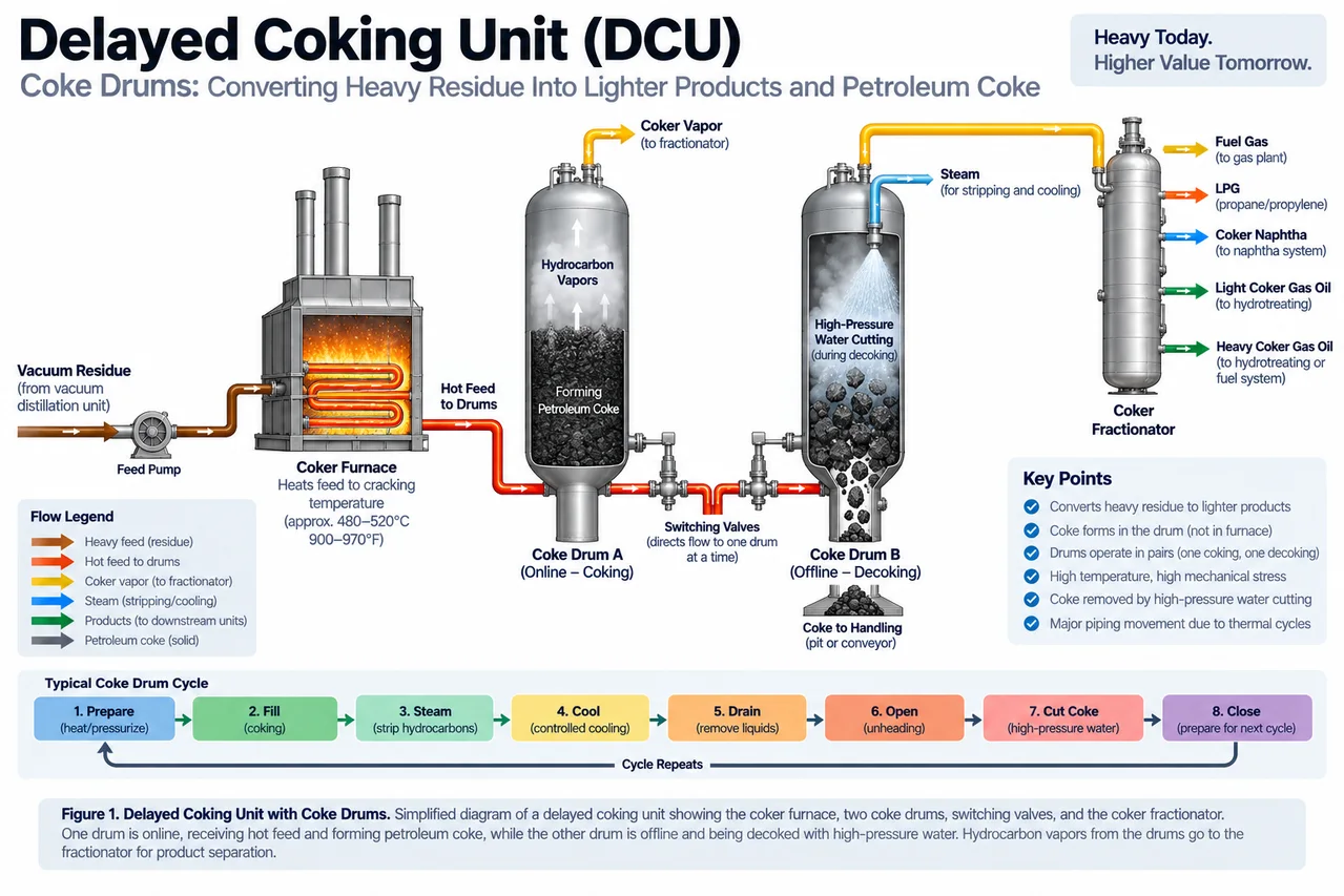 Delayed coking diagram showing a furnace, two coke drums, water decoking, and a coker fractionator