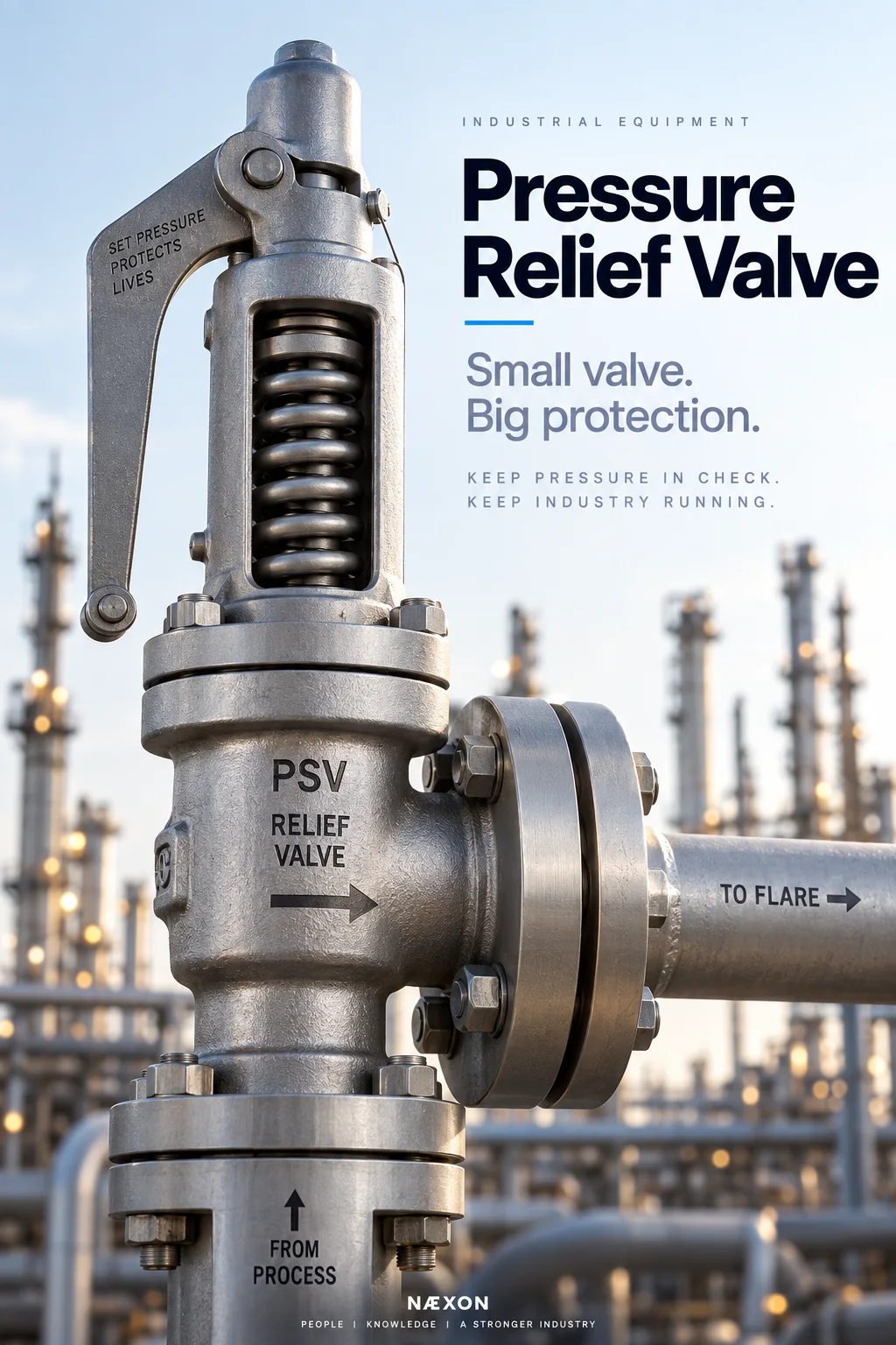 Pressure relief valve cover showing an exposed spring, process inlet, and side outlet to flare