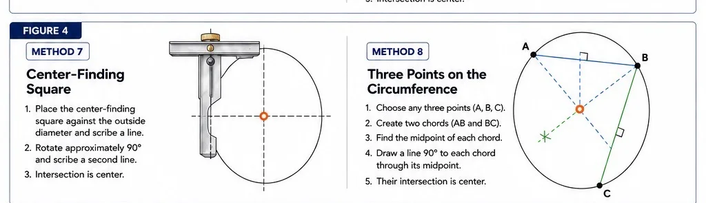 Circle-layout diagram showing a center-finding square and the three-points-on-the-circumference method.