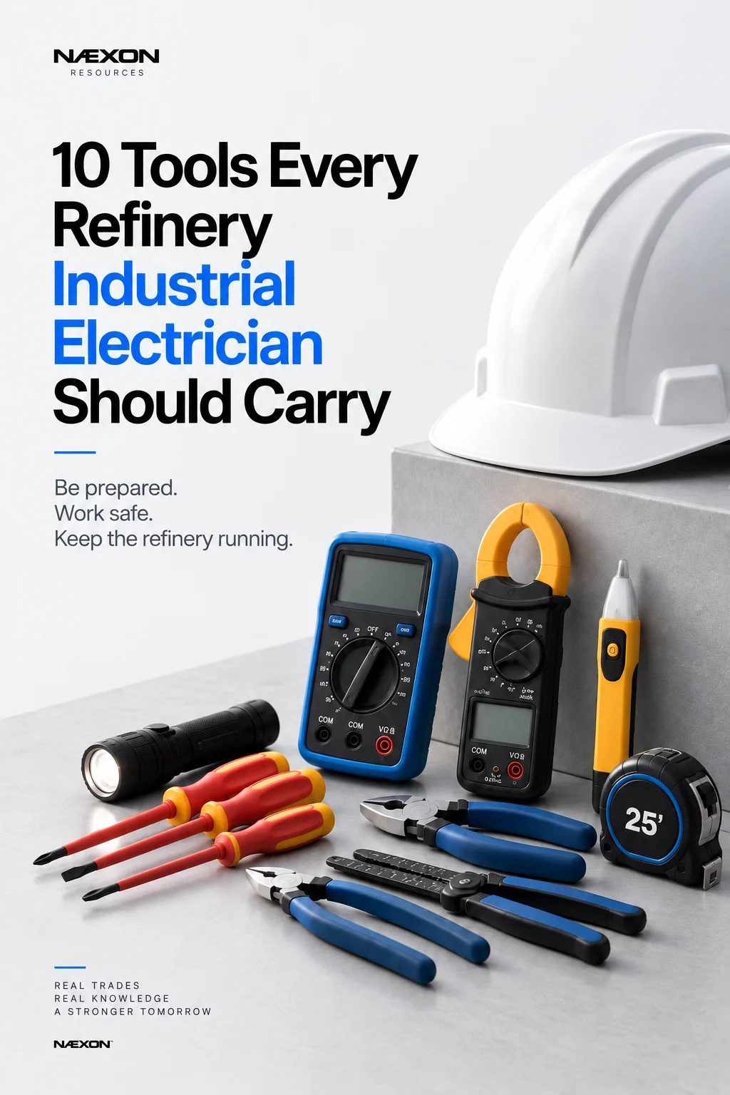 White hard hat with multimeter, clamp meter, insulated screwdrivers, pliers, flashlight, and tape measure beneath an electrician tool-guide headline.