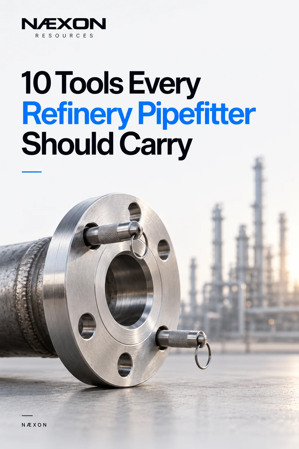 Close-up of a steel pipe flange with two alignment pins inserted, refinery towers behind, beneath a refinery pipefitter tool-guide headline.