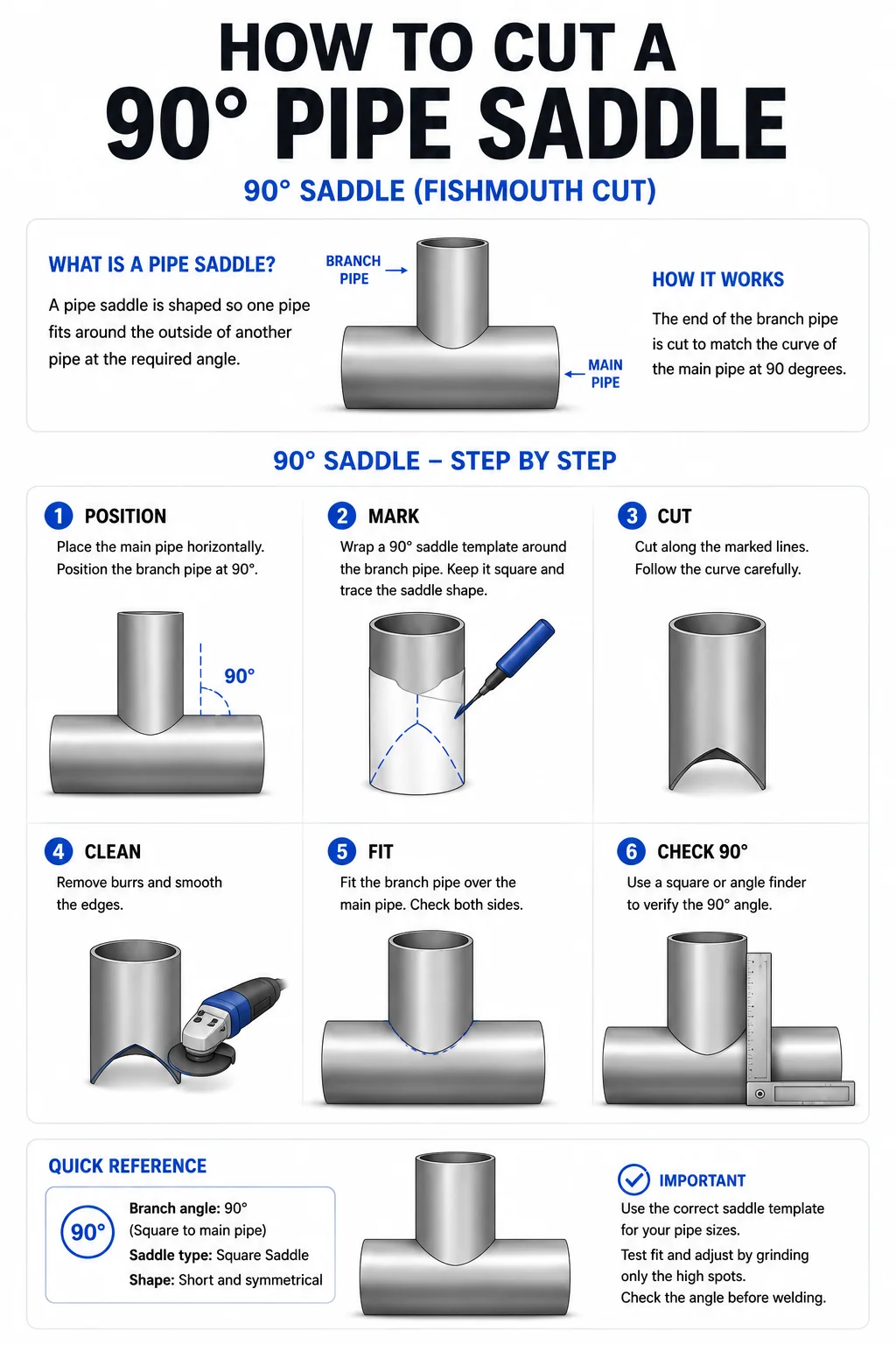 Instructional diagram showing how to mark, cut, clean, and fit a 90-degree pipe saddle or fishmouth joint.