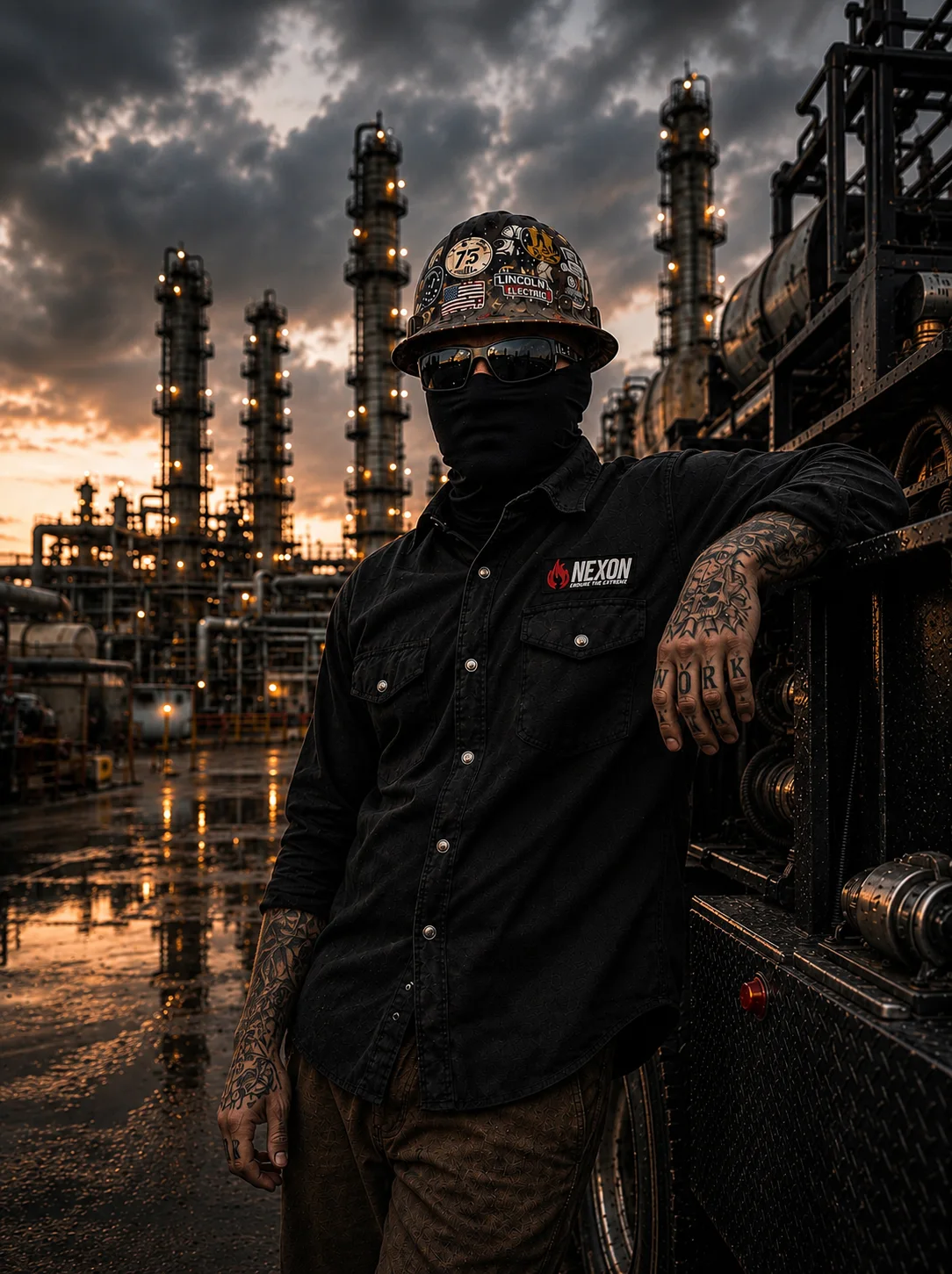 Industrial tradesman wearing a black Næxon work shirt, hard hat, safety glasses, and face covering at an oil refinery