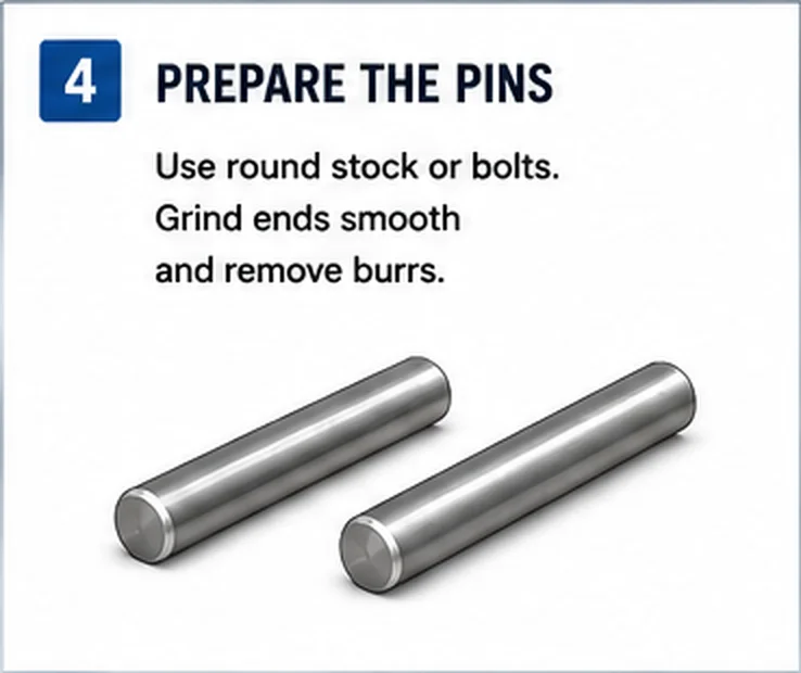Two short round metal pins prepared for installation in a homemade flange-alignment handle.