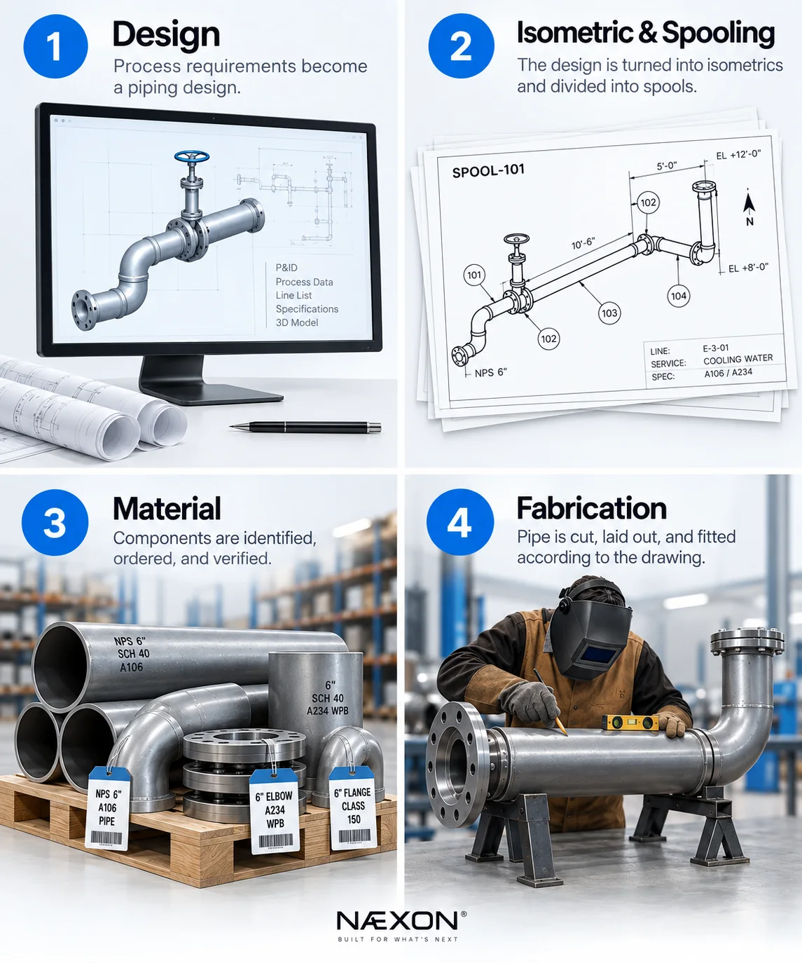 Pipe spool lifecycle steps for design, isometric drawings, material control and shop fabrication