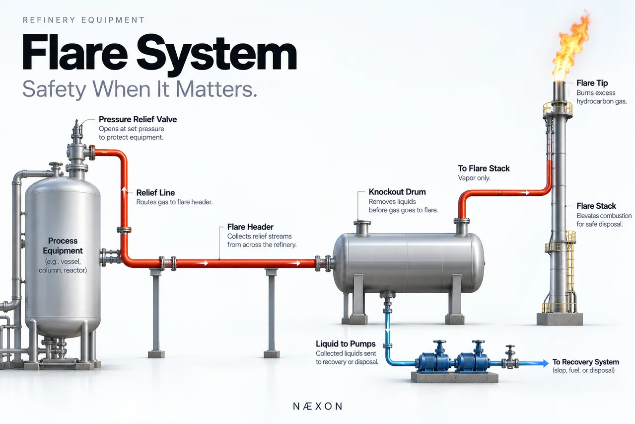 Refinery flare diagram showing a relief valve, flare header, knockout drum, recovery pumps, stack, and burning tip