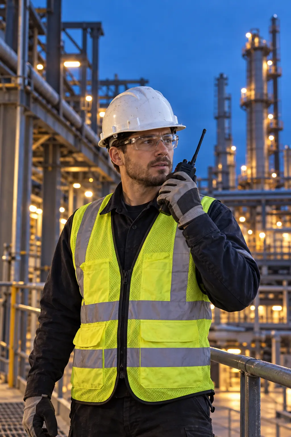 Industrial tradesperson in a white hard hat and safety glasses listening and speaking on a handheld radio at a refinery construction site during blue hour.