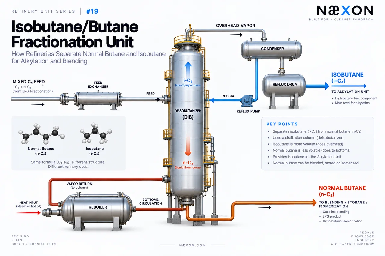 Deisobutanizer process diagram separating mixed C4 feed into overhead isobutane and normal-butane bottoms