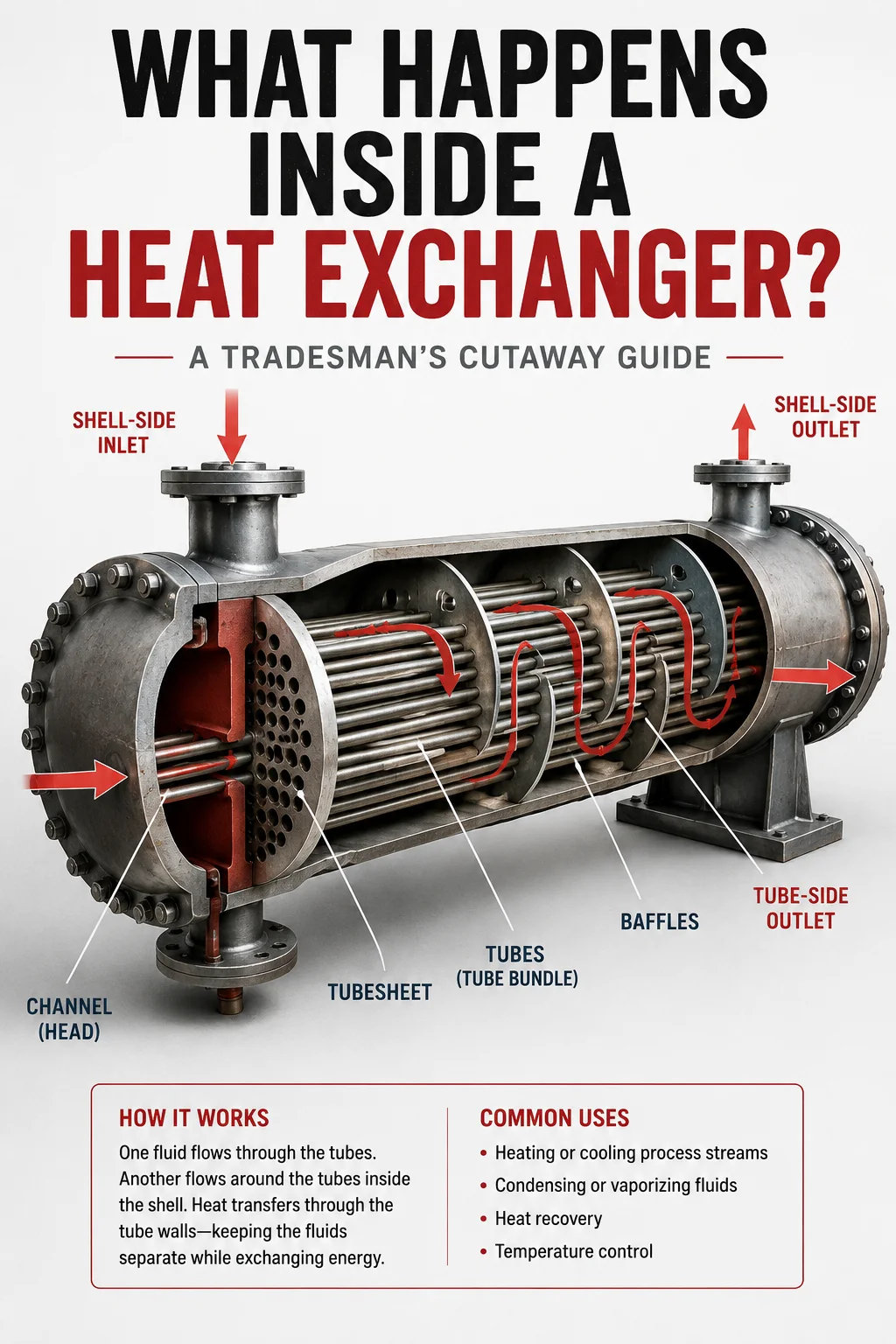 Shell-and-tube heat exchanger cutaway diagram showing shell-side flow, tube bundle, tubesheet, baffles, channel head, and tube-side flow