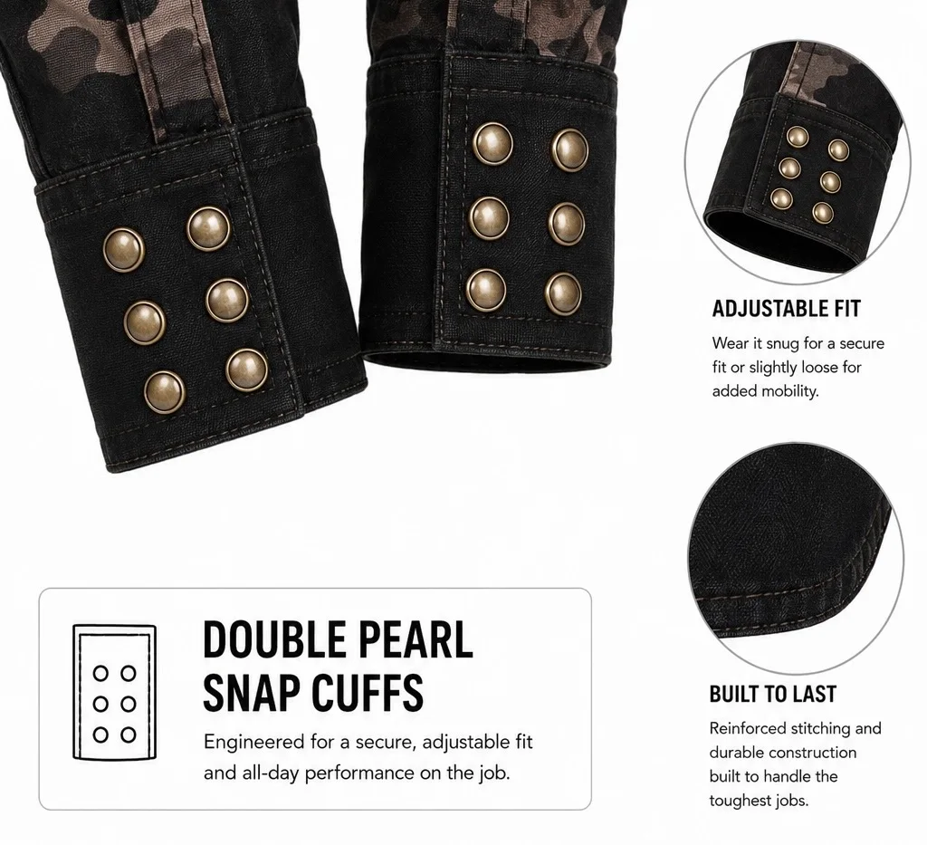 Næxon black work shirt double pearl snap cuffs with adjustable fit and reinforced stitching
