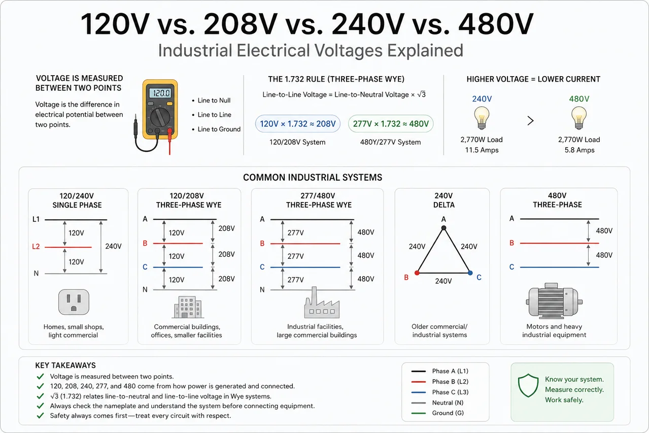 Industrial electrical chart comparing 120V, 208V, 240V, and 480V systems with phase, wiring, receptacle, panel, and motor examples.