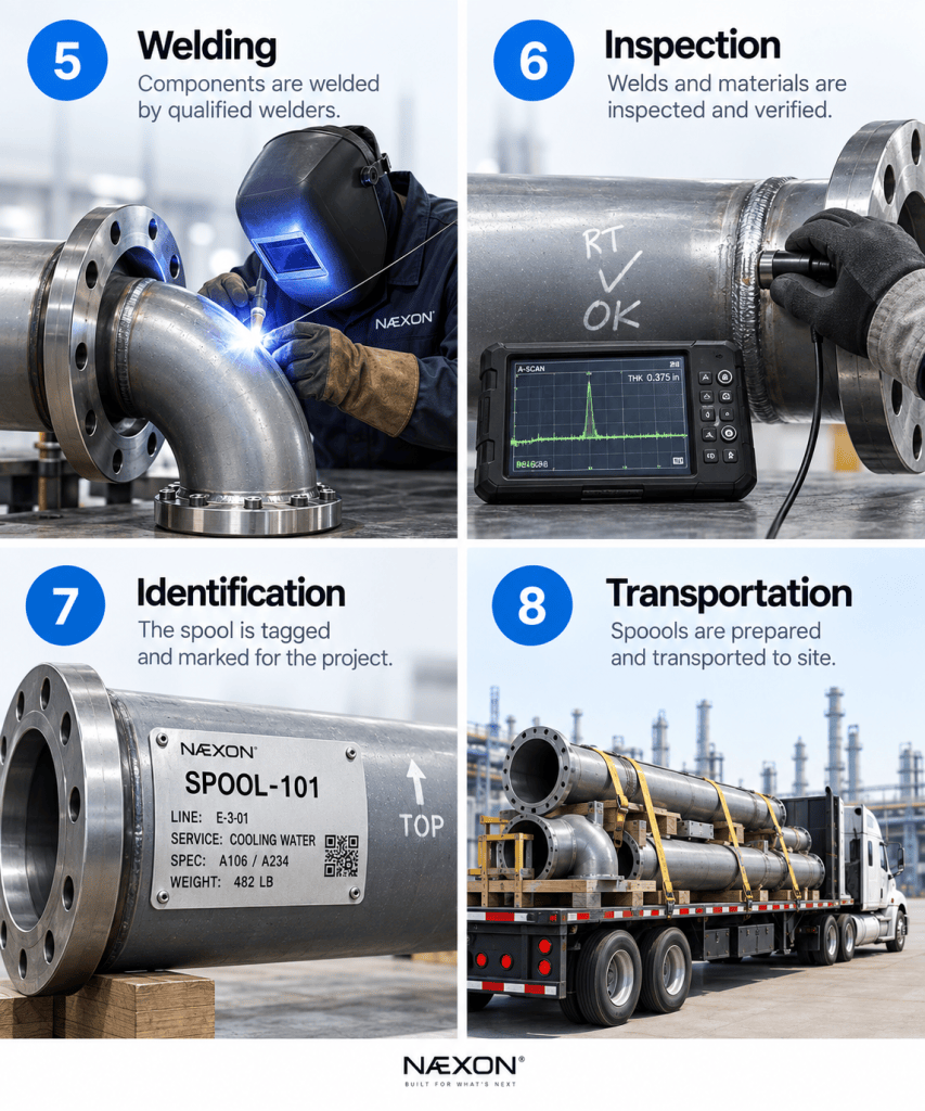 Pipe spool lifecycle steps for welding, inspection, identification and transportation to the jobsite