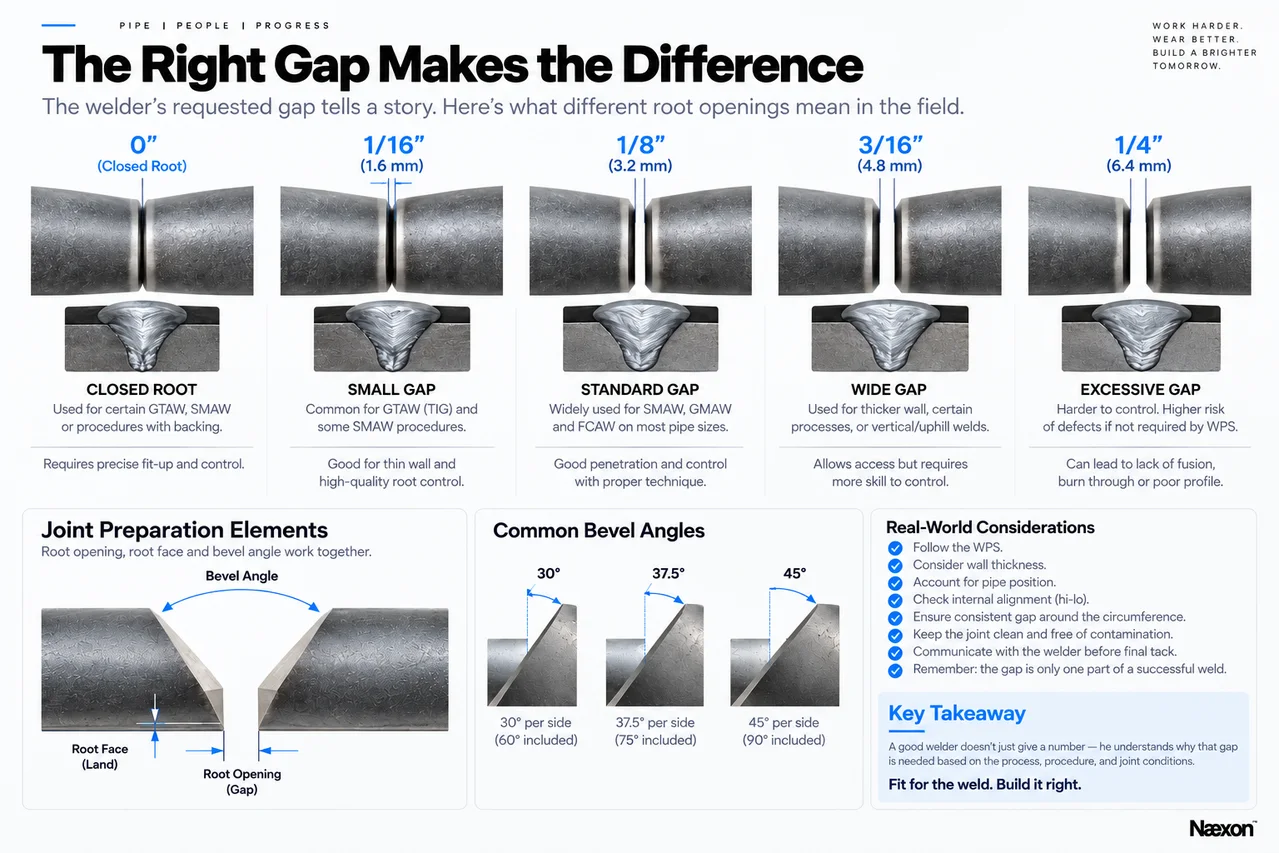 Pipe-weld fit-up guide comparing root gaps from closed root through one-quarter inch with bevel angles