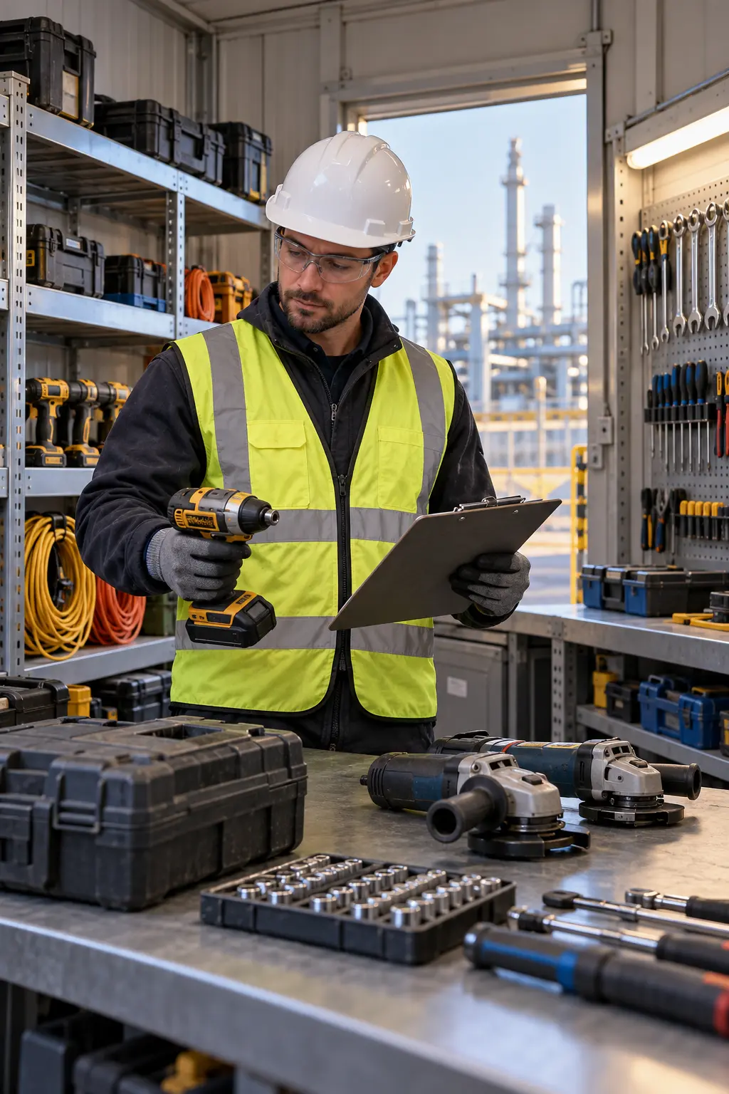Industrial tool-room attendant in a hard hat, safety glasses and high-visibility vest checking a cordless drill against a clipboard beside organized shared tools.